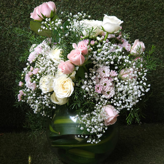 "Sprinkle of Blush" Floral Arrangement In Glass Vase